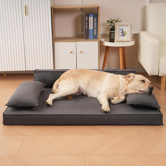 Luxury Orthopedic Dog Bed with Bolsters – Modern Sofa-Style Pet Lounger with Supportive Pillows – Waterproof & Washable Cover – Large Dog Bed for Indoor & Outdoor Use, Grey 46" x 34"