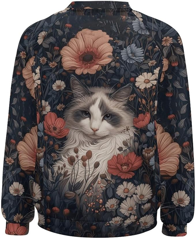 Womens novelty funny cat printed crewneck sweatshirt casual loose long sleeve graphic pullover sweatshirts tops