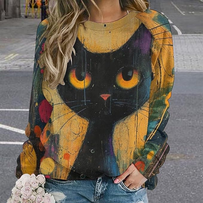 Biacolum Long Sleeve Shirts for Women Mid Century Retro Style Atomic Cat 3D Graphic Sweatshirts Fall Crewneck Pullover Top
