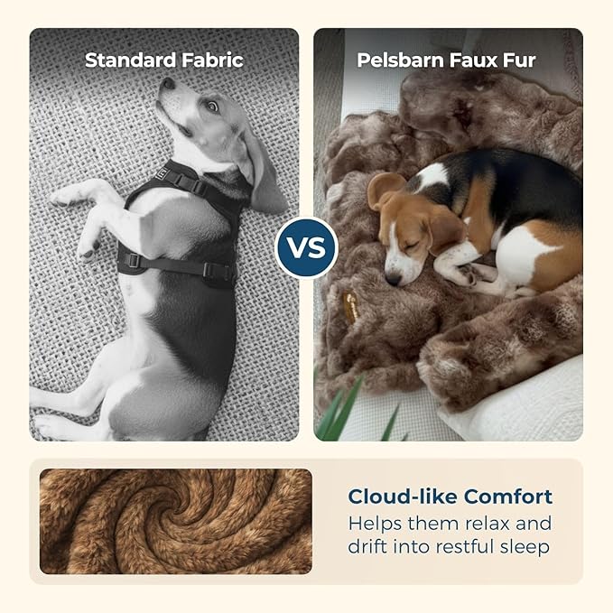 Pelsbarn Dog Bed for Couch, Luxurious Sofa Bed for Dogs with Non-Slip Oxford Bottom - Faux Rabbit Fur with Removable Cover, Small, Brown - 28x28 in