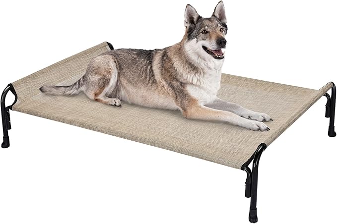 Veehoo Outdoor Elevated Dog Bed, Raised Dog Cot for Large Dogs, Cooling Washable Waterproof Pet Hammock Beds with Slope Headrest, Breathable Mesh and Sturdy Frame, Large, Beige Coffee, CWC2204