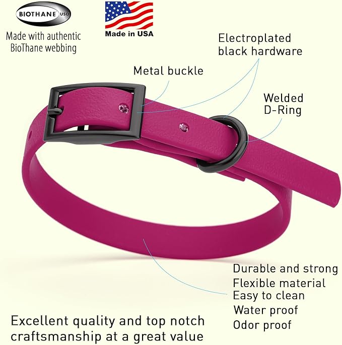 Dogline Biothane Coated Webbing Dog Collar with Black Metal Hardware: Durable Easy-Clean Everyday Collar for Dogs - Comfortable Adjustable Odor-Resistant Pet Collar, W1/2" x L9-12, Magenta Pink