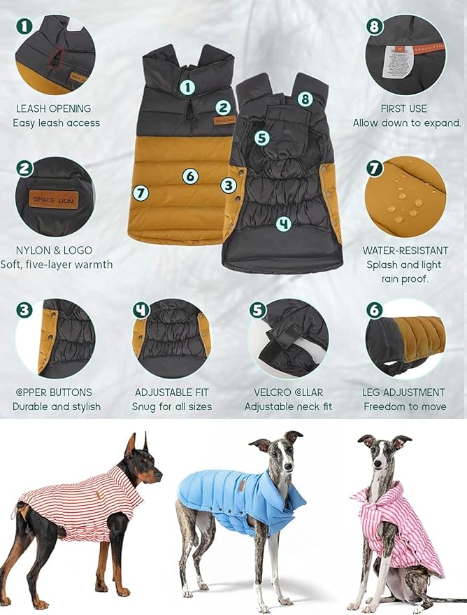 SPACE LION Dog Puffer Jacket, Down Winter Coat, Durable Outdoor Coat for Cold and Windy Conditions, Lightweight & Adjustable Fit Coats for Large Dogs, (BlackKhaki, Size24/2XL)