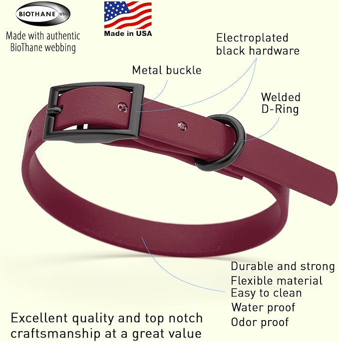 Dogline Biothane Coated Webbing Dog Collar with Black Metal Hardware: Durable Easy-Clean Everyday Collar for Dogs - Comfortable Adjustable Odor-Resistant Pet Collar, W1/2" x L9-12, Merlot Burgundy