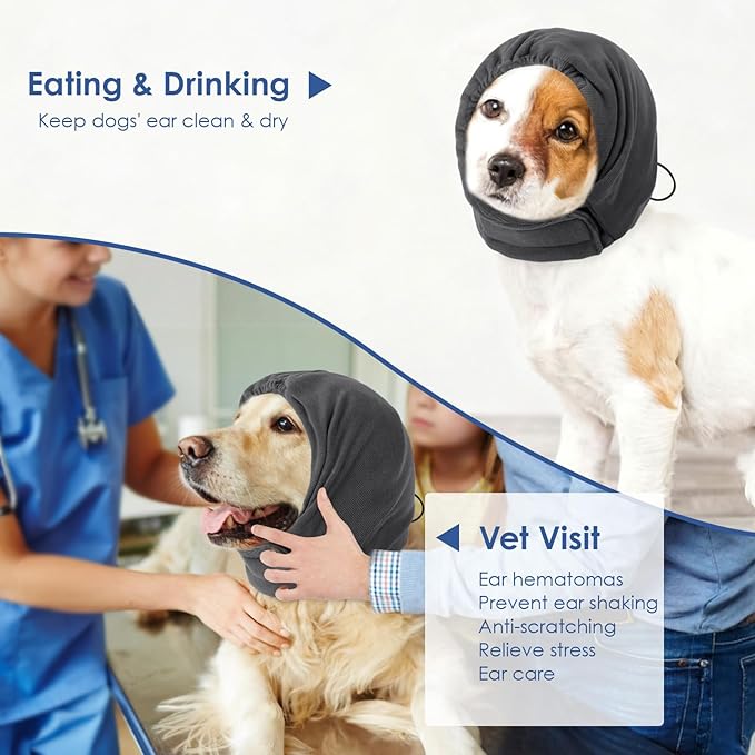 AOFITEE Dog Calming Hoodie - Anti-Slip Dog Ear Muffs Cover for Noise Anxiety, No Shake Ear Wrap for Dogs Hematoma, Adjustable Dogs Headband for Grooming, Fireworks, Thunderstorms, Grey S