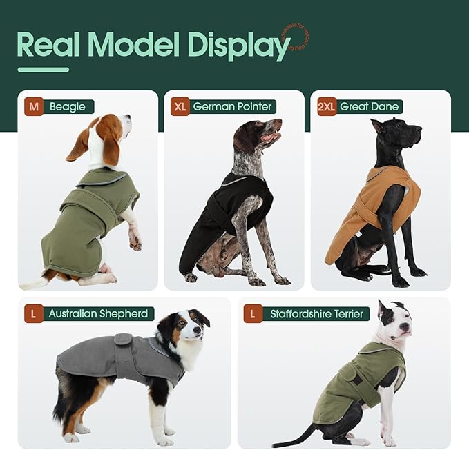 Kuoser Canvas Dog Coat, Warm Dog Jacket Reflective Fleece Pet Cold Weather Coat, Warm Doggie Clothes Waterproof Winter Vest with Zipper Leash Hole for Small Medium Large Dogs, Brown 2XL