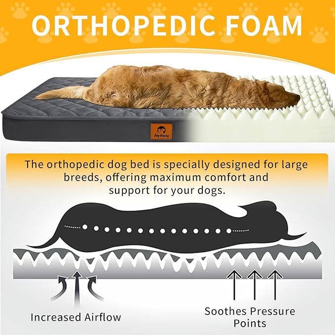 Orthopedic Dog Bed for Medium and Large Sized Dog - Egg Crate Foam Pet Bed with Waterproof & Machine Washable & Non-Slip Bottom, Ideal Beds for Crate and Indoor Use, 35x22 Inch, Dark Grey