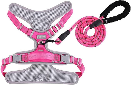 Adjustable Dog Harness - No Pull, Reflective, Soft Padded for Small, Medium, Large Dogs - Includes Leash Pink L