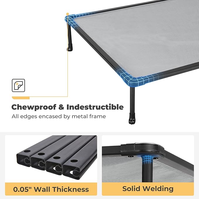 Veehoo Chewproof Elevated Dog Bed - Cooling Raised Pet Cot, Breathable Mesh, Washable & Non-Slip for Large Dogs, Indoor/Outdoor, Grey Mat and Black Frame, 59x37inches (Model CWC2203A03)
