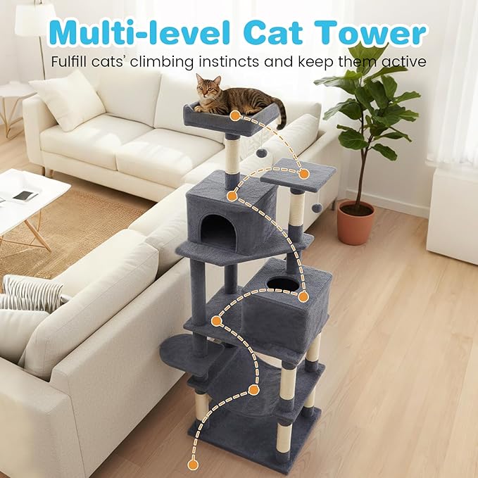 Tangkula Cat Tree for Indoor Cats, 75 Inch Extra Tall Cat Tower with Sisal Scratching Post, Padded Top Perch, Dual Condos, Hammock, 2 Dangling Balls, Platforms, Multi-Level Cat Climbing Furniture