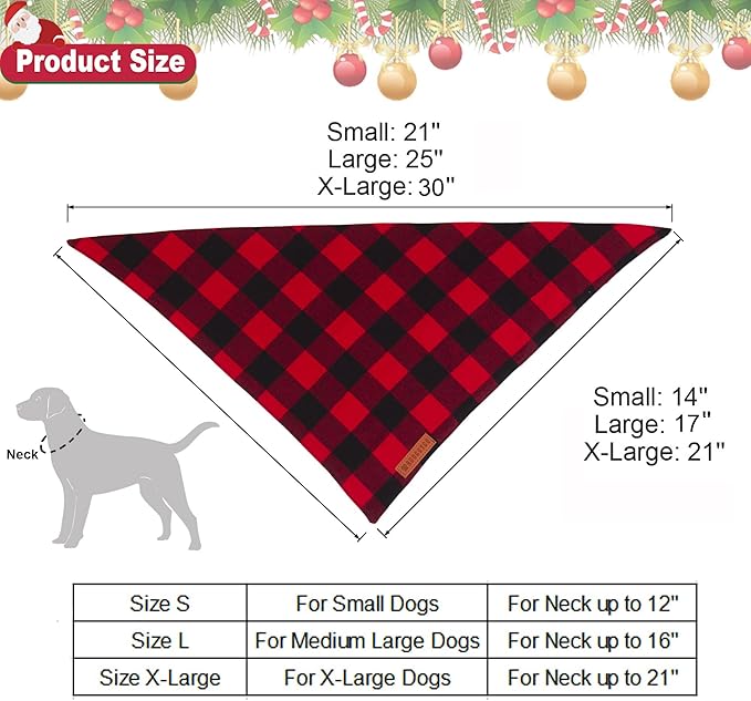 ADOGGYGO 4 Pack Dog Bandana Christmas Classic Plaid Bandana Scarf, Multiple Sizes Offered, Blue White Green Red Plaid Bandana for Medium Large Dogs (Large)