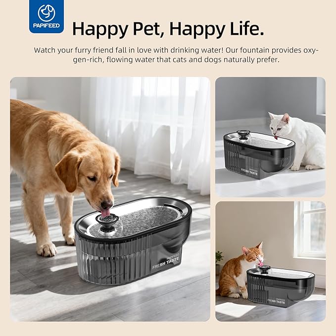 PAPIFEED Cat Water Fountain+ Stainless Steel Tray + 1 Silicone Mat+5 Filters+2 Sponges, 84 oz/2.5L Automatic Pet Drinking Fountain, Ultra Quiet Pet Fountain with Stainless Steel Tray, Easy to Clean