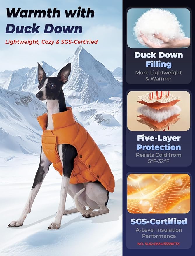 SPACE LION Dog Puffer Jacket, Down Winter Coat, Durable Outdoor Coat for Cold and Windy Conditions, Lightweight & Adjustable Fit Coats for Small & Medium Dogs, (Orange, Size 12 Gift Box)