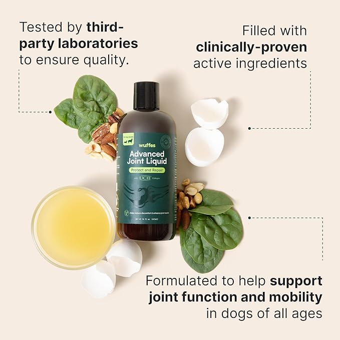 Wuffes Advanced Joint Liquid for Dogs, Hip & Joint Support Supplement with Glucosamine, Chondroitin, UC-II® Collagen, and MSM, for Small & Large Breeds, 16 Oz