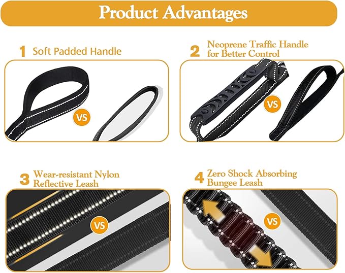Fashion&cool Heavy Duty Dog Leash Especially Large Dogs Up to 150lbs, 4-6 Ft Reflective Dog Walking Training Shock Absorbing Bungee Leash Car Seat Belt Buckle, 2 Padded Traffic Handle Extra Control