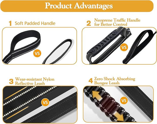 Fashion&cool Heavy Duty Dog Leash Especially Large Dogs Up to 150lbs, 4-6 Ft Reflective Dog Walking Training Shock Absorbing Bungee Leash Car Seat Belt Buckle, 2 Padded Traffic Handle Extra Control