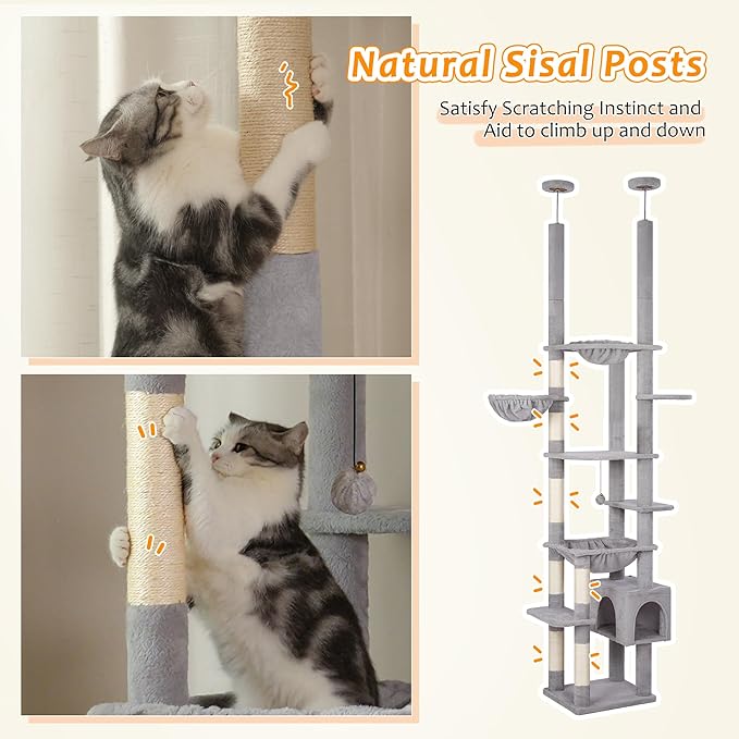 Floor to Ceiling Cat Tree Corner Cat Tower with Adjustable Height 88.9-109 inches (226-279cm) with Large Hammocks,Condo,Multi Platforms and Scratching Post for Indoor Cats-Gray Dual Posts