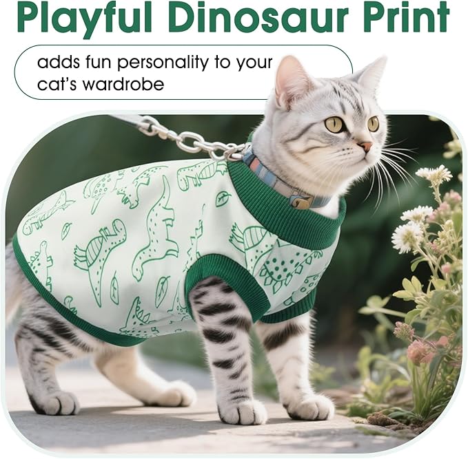DENTRUN Sleeveless Cat Vest with Dinosaur Print, Breathable Ultra-Soft Dralon Fleece Cat Sweater, All-Season Pet Costume Apparel for Cats, Kitten Clothing for Indoor/Outdoor, Green, XL