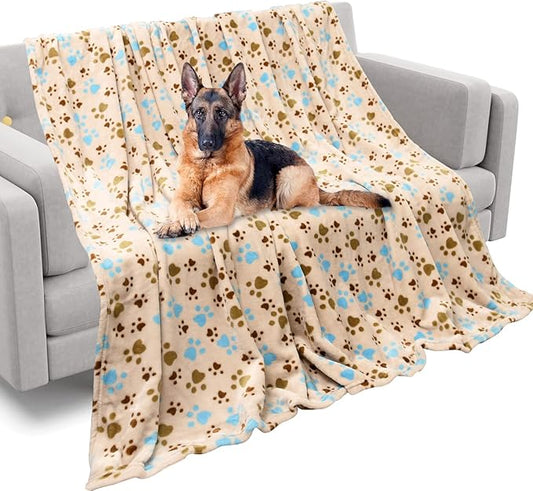 Rezutan Dog Blankets for Large Dogs, Dog Cat Flannel Blankets Washable, Soft Pet Mat Throw Cover for Kennel Crate Bed, Cute Paw Pattern,Pet Blanket (Beige 60" x 80")