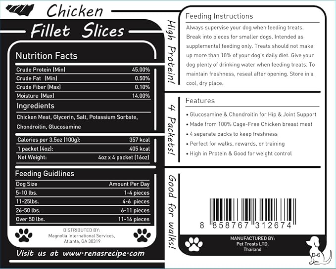 Rena's Recipe Chicken Fillet Slices 1 lb (4 oz X 4 Packs) Glucosamine & Chondroitin Added for Joint and Hip Health
