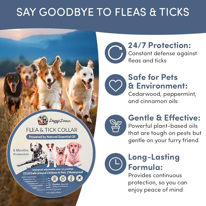 Flea and Tick Prevention for Dogs and Cats - All Natural 8-Month Flea Collar for Dogs, Effective Dog Flea & Tick Control, Chemical-Free Flea Collars, No Pesticides