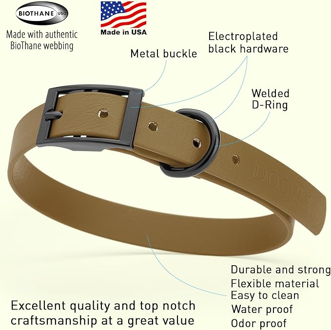 Dogline Biothane Coated Webbing Dog Collar with Black Metal Hardware: Durable Easy-Clean Everyday Collar for Dogs - Comfortable Adjustable Odor-Resistant Pet Collar, W3/4" x L15-18, Coyote Brown