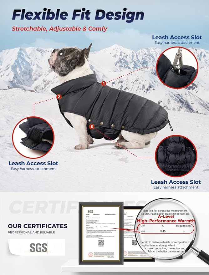 SPACE LION Dog Puffer Jacket, Down Winter Coat, Durable Outdoor Coat for Cold and Windy Conditions, Lightweight & Adjustable Fit Coats for Small & Medium Dogs, (Black, Size12/M)