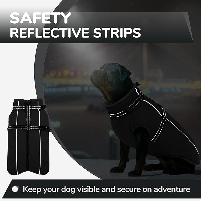 PUMYPOREITY Dog Jackets for Large Dogs, Warm Dog Winter Coat with Harness Built in, Fleece Jacket with Back Zipper, Cold Weather Coats for Outdoor, Waterproof & Windproof Pet Snowsuit, Black, XL