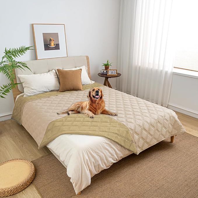 fuguitex Waterproof Dog Blanket Reversible for Small Dogs Resistant Leakproof Washable Couch Cushion Bed Protector Cover for Indoor Furniture Pet Friendly（68"*82",Beige+Taupe