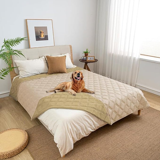 fuguitex Waterproof Dog Blanket Reversible for Small Dogs Resistant Leakproof Washable Couch Cushion Bed Protector Cover for Indoor Furniture Pet Friendly（82"*82",Beige+Taupe