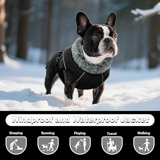 DENTRUN Winter Warm Dog Coat Reflective Jacket with Turtleneck for Cold Weather, Adjustable Buckle Windproof Water Repellent, Thick Snowsuit Fleece Vest for Small, Medium, Large Dogs, Black, XXL
