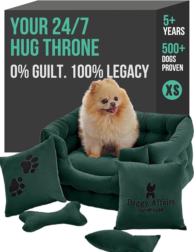 Luxury Dog Bed Chesterfield – Handcrafted Velvet Throne for Dogs | Joint Support, Calming & Temp-Regulating Comfort | Durable 5+ Years, Anti-Claw, Washable 100+ Times – XS, Green