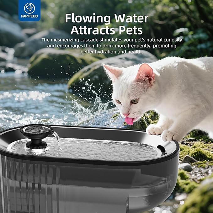 PAPIFEED Cat Water Fountain+ Stainless Steel Tray + 1 Silicone Mat+5 Filters+2 Sponges, 84 oz/2.5L Automatic Pet Drinking Fountain, Ultra Quiet Pet Fountain with Stainless Steel Tray, Easy to Clean