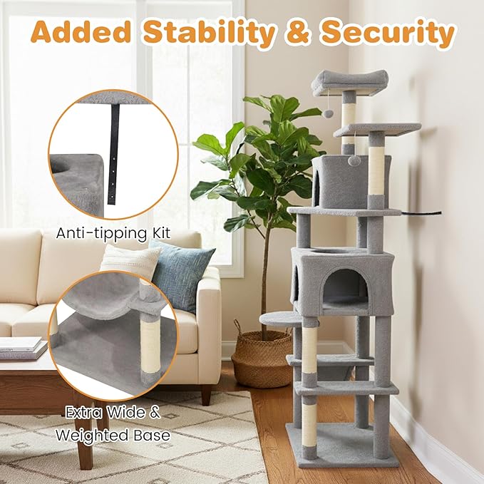 Tangkula Cat Tree for Indoor Cats, 75 Inch Extra Tall Cat Tower with Sisal Scratching Post, Padded Top Perch, Dual Condos, Hammock, 2 Dangling Balls, Platforms, Multi-Level Cat Climbing Furniture