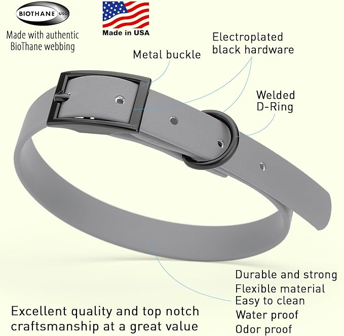 Dogline Biothane Coated Webbing Dog Collar with Black Metal Hardware: Durable Easy-Clean Everyday Collar for Dogs - Comfortable Adjustable Odor-Resistant Pet Collar, W5/8" x L12-15, Battleship Gray