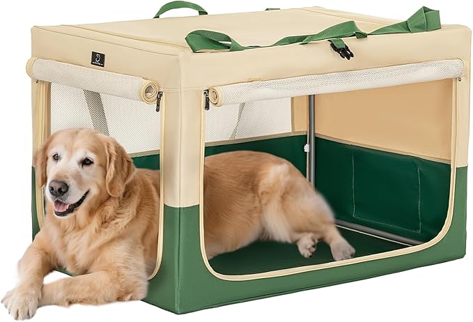 Soft Dog Crate 40 Inch Large Portable Collapsible Pet Travel Kennel, 3-Door Lockable Zippers & Reinforced Steel Frame, Easy Setup, Mesh Panels — Ideal for SUV, Car, Camping & Home Use