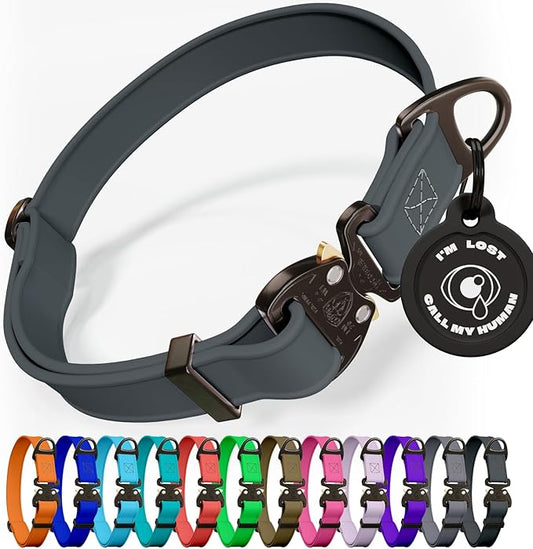 Biothane Dog Collar with Cobra Buckle - Made in USA - QR Code Dog Tag ID Included - Adjustable Heavy Duty Dog Collars for Medium Large Dogs - Waterproof Military Grade Tactical Collar for Dogs