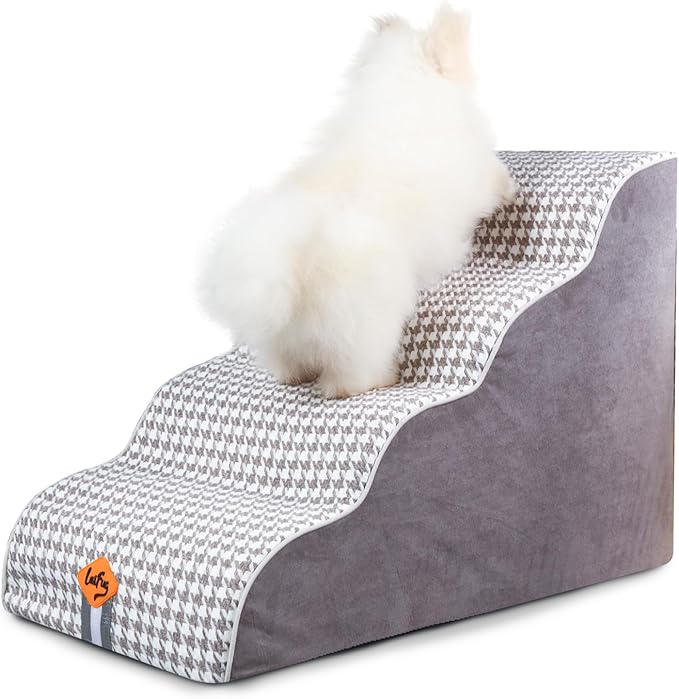 Laifug Curved Dog Stairs for Small Dogs, 4-Step Pet Stairs for High Beds and Couch, Non-Slip Balanced Dog Indoor Step with High Density Foam, Houndstooth Double Layer Dog Staircase