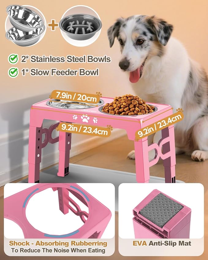 Elevated Dog Bowls, Dog Feeder with Stainless Steel Dishes & Slow Feeder Bowl, 5 Heights Adjustable Raised Stand for Medium Large, Food Dishes with Non-Slip Feet