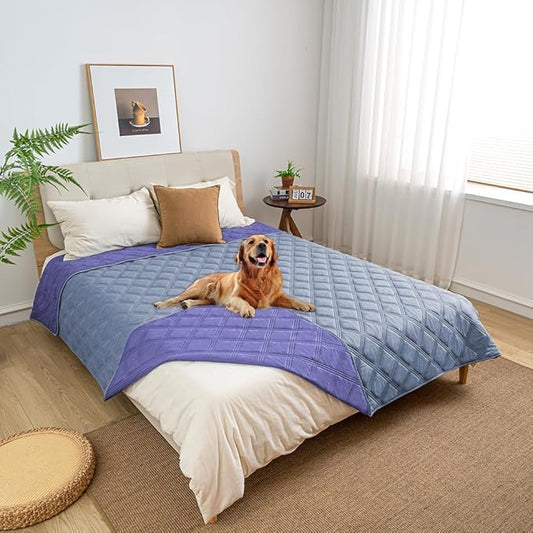 fuguitex Waterproof Dog Blanket Reversible for Small Dogs Resistant Leakproof Washable Couch Cushion Bed Protector Cover for Indoor Furniture Pet Friendly(82"*102",Violet Blue+ Light Blue)