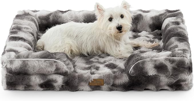 Orthopedic Dog Bed for Large Medium Size Dog, Faux Fur Pet Sofa, Foam Bolster Couch with Waterproof Lining Cover, Anti-Slip, Soft, Warm, Washable, C-Shaped, L 36x27x6.5 inch, Tie Dye Grey