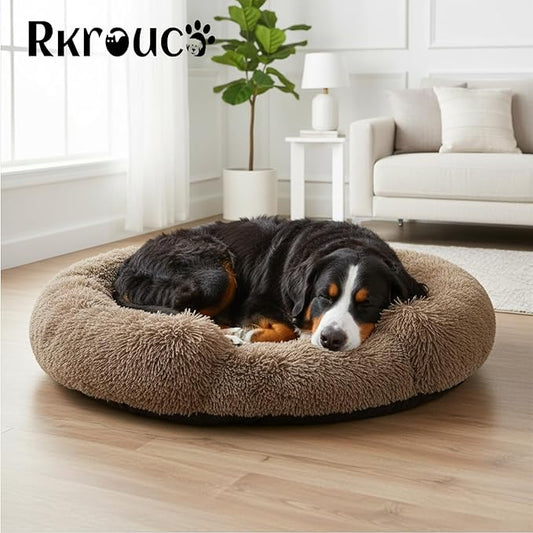 Fluffy Dog Bed Calming Donut Beds for Large Dogs Warming Round Small Medium Pet Nest Cozy Cat Mattress Indoor Washable Puppy Kennel Kittens Sleep Mat (L, 35.4×35.4 inch, Light Brown)