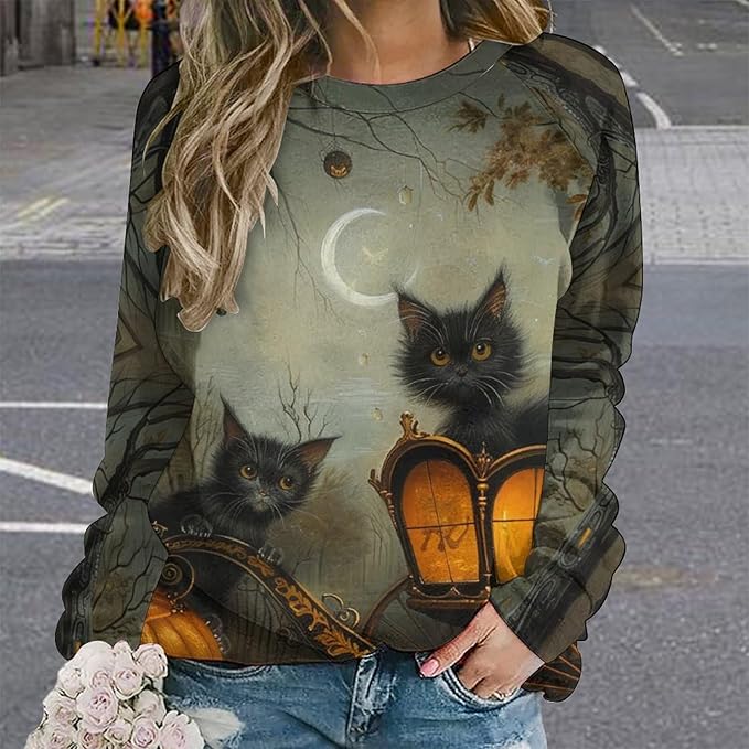 Womens novelty funny cat printed crewneck sweatshirt casual loose long sleeve graphic pullover sweatshirts tops