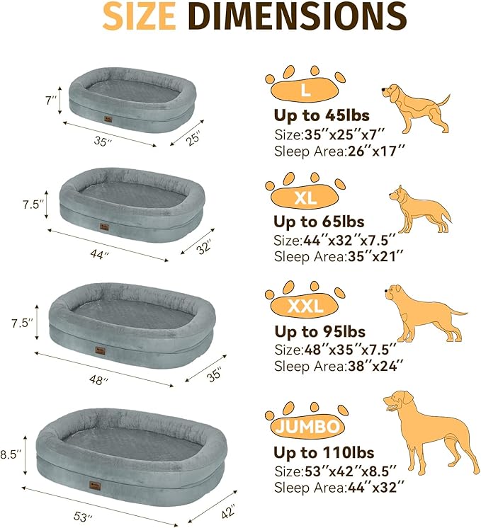 Orthopedic Waterproof Large Dog Bed: Memory Foam Washable Dog Bed with Bolsters - XXL Orthopedic Removable Cover for Medium Large Sized Pet - Non-Slip Bottom - Grey