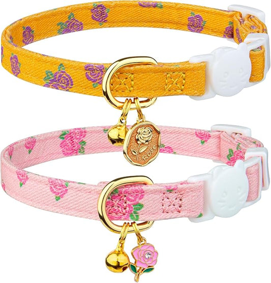2 Pack Cotton Breakaway Cat Collar Yellow and Pink Rose Pendant Cute Kitten Cat Collar with Bell