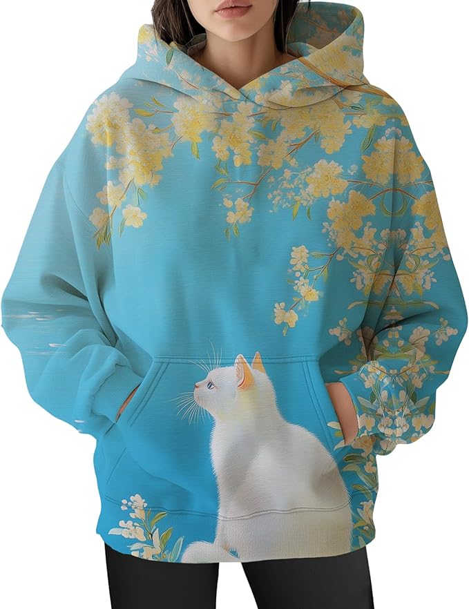 Womens Cat Print Hoodies Trendy Funny Cat Graphic Long Sleeve Sweatshirt Y2k Streetwear Hooded Pullover Tops