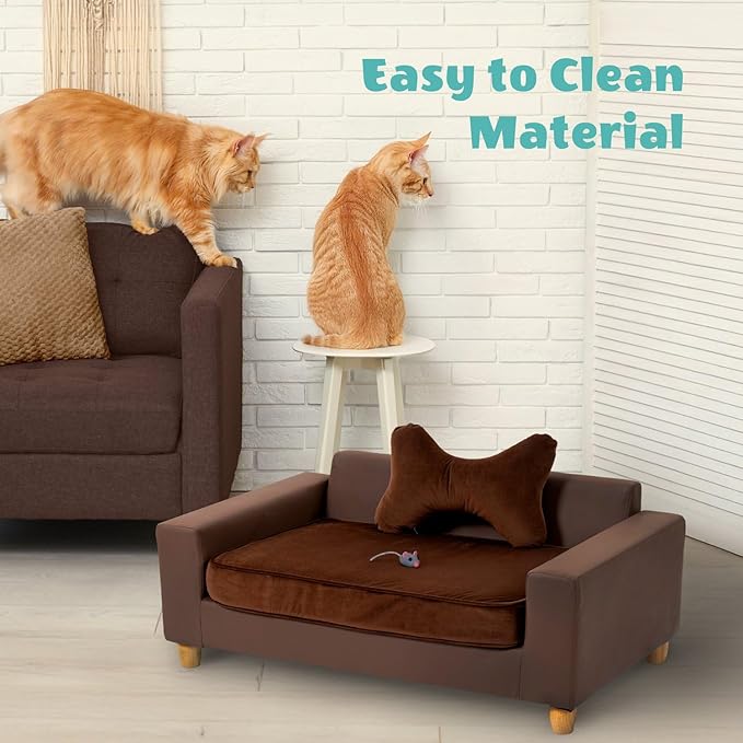 CRITTER SITTERS 43” Faux Leather Ped Bed in Brown, Durable Washable Sofa Couch for Large Cats & Dogs, Must Have Essential Furniture Accessory for Kittens & Puppies