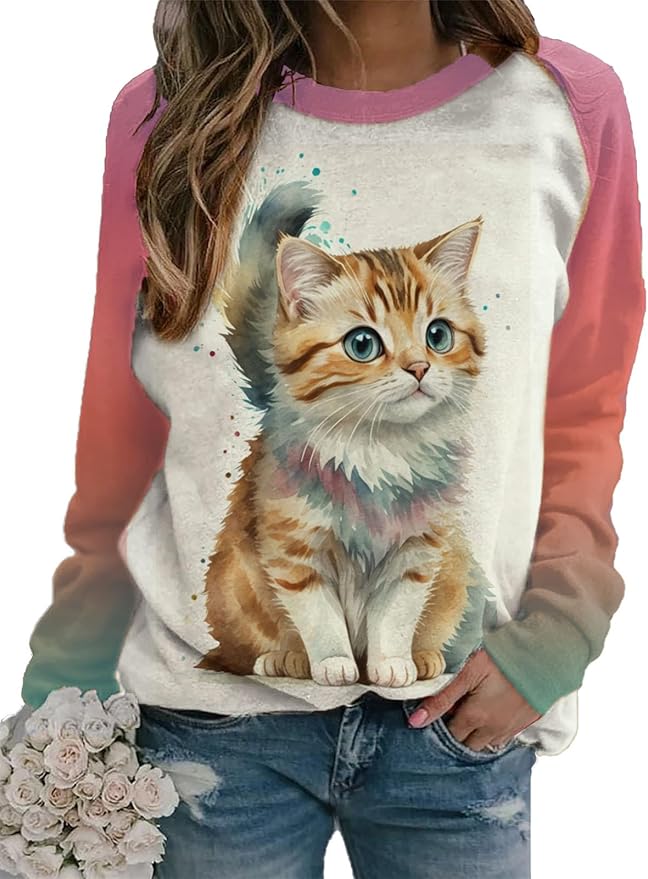 IVERIRMIN Womens 3D Cat Crewneck Sweatshirts Casual Cute Long Sleeve Shirts Pullover Tops Graphic Loose Fit Sweater for Women