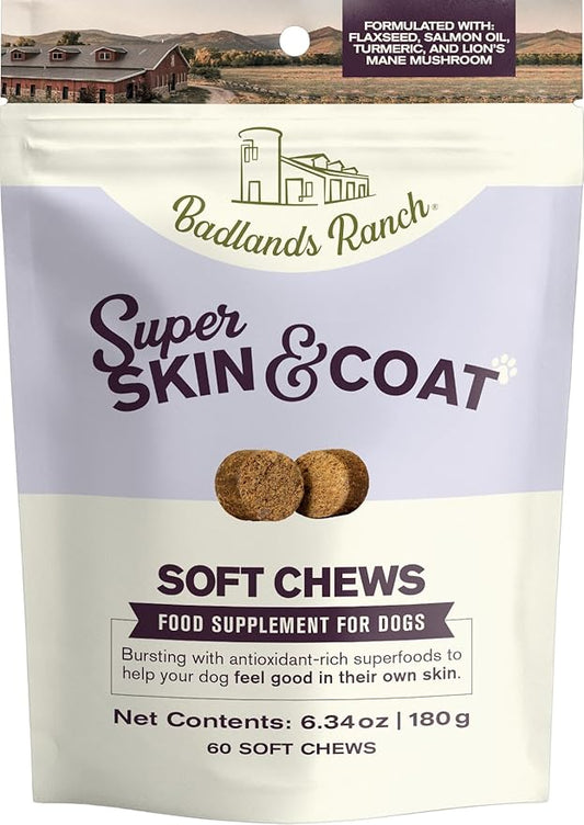 Badlands Ranch Super Skin & Coat Soft Chews for Dogs – Antioxidant-Rich Superfoods with Flaxseed, Salmon Oil, Turmeric & Lion’s Mane Mushroom – 60 Soft Chews