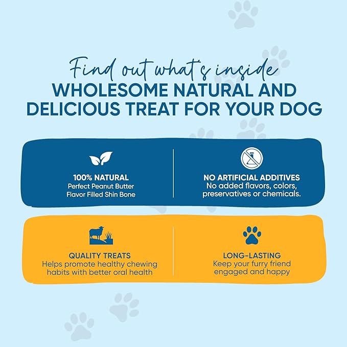 123 Treats Peanut Butter Filled Bones for Dogs (2 Count) Long Lasting PB Dog Chews - Stuffed Shin Bones, 5 to 6” Individually Shrink Wrapped